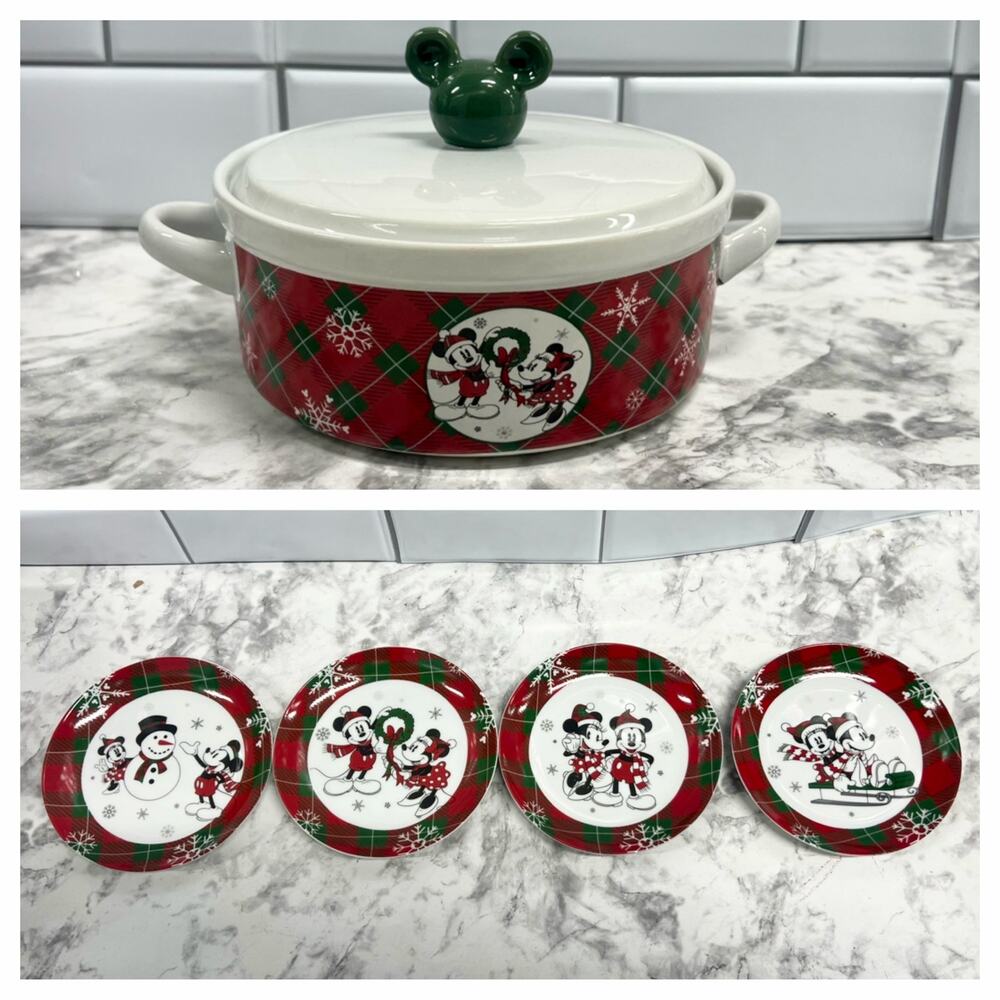 Disney Christmas Mickey Minnie Mouse 6 Appetizer Plates & Casserole Dish, Plaid